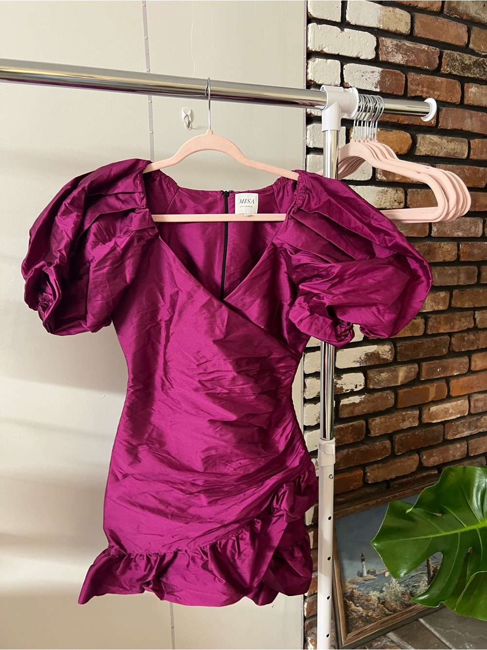Misa Los Angeles Fuchsia Puff-Sleeve Wrap Mini Dress